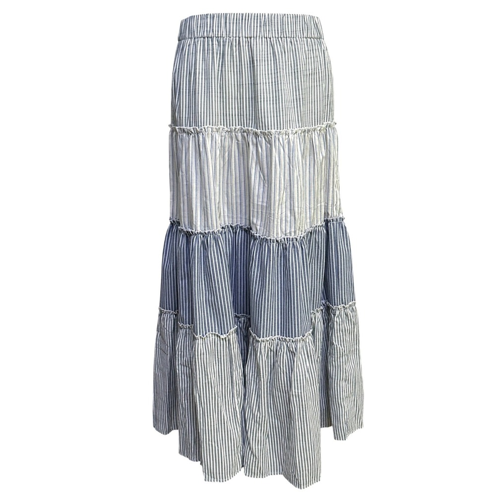 ILLA ILLA Striped Tiered Maxi Skirt M Blue White Coastal Boho Nautical Prairie